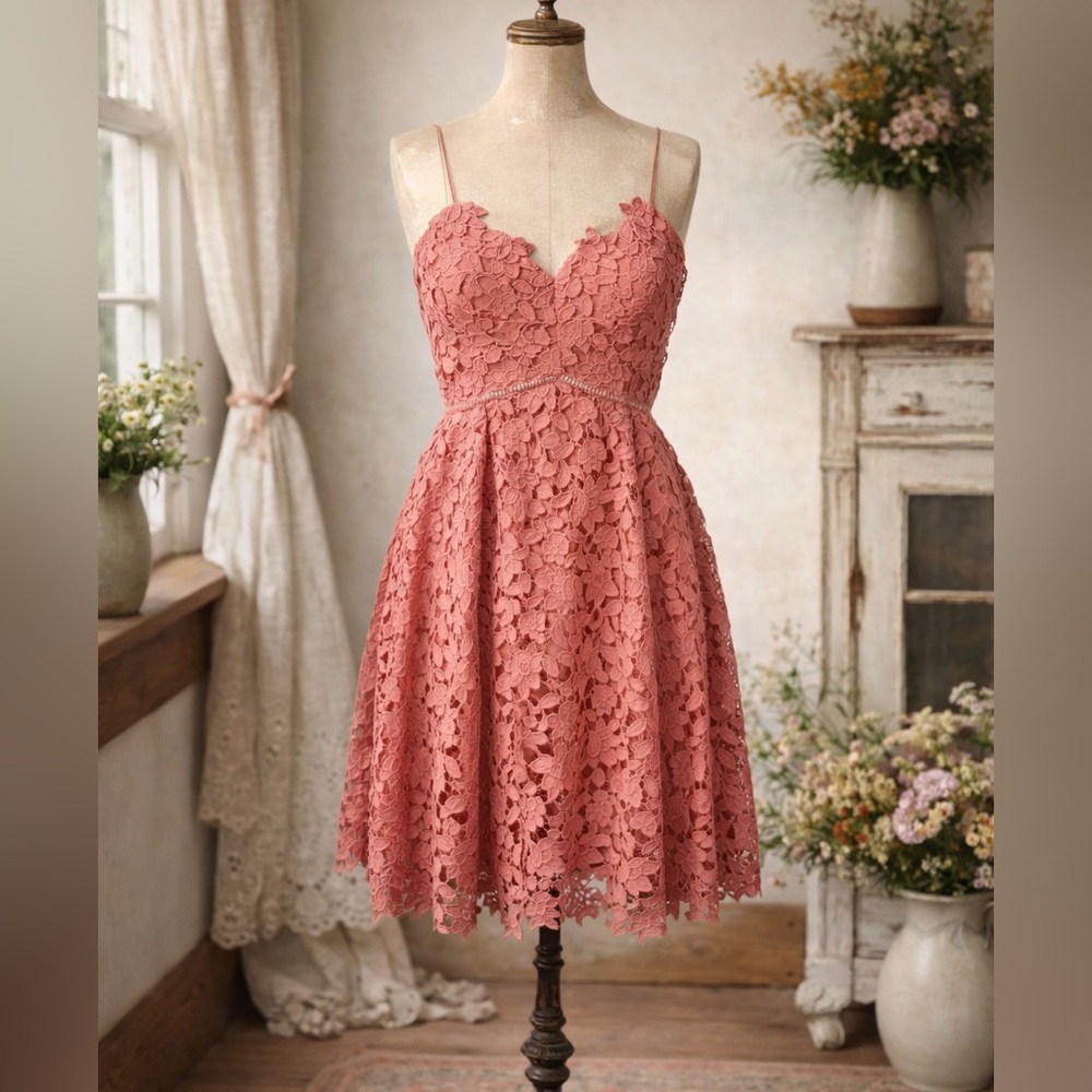 Oak + Fort Coral Pink, Floral Lace Overlay, Spaghetti Strap Dress